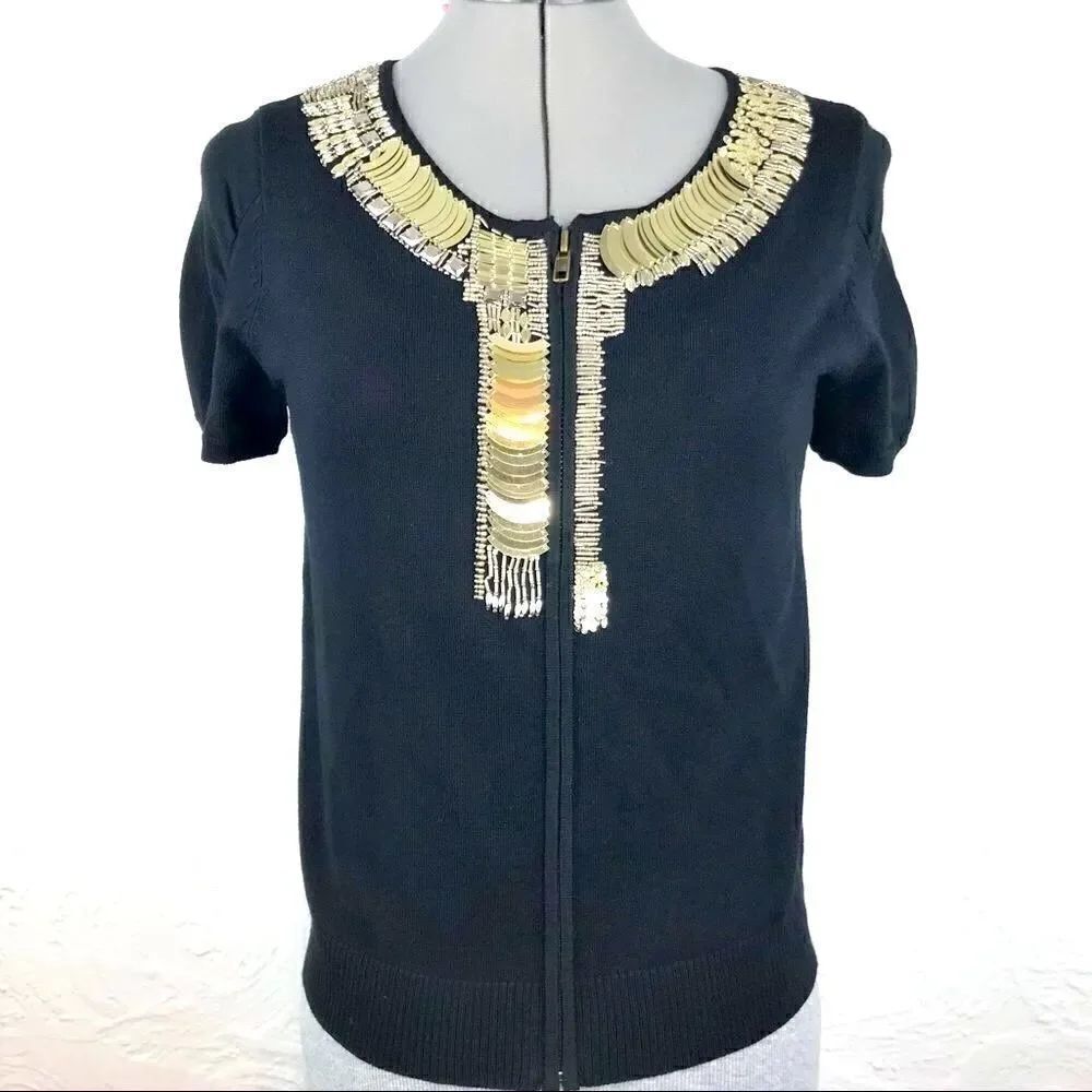 Joseph A Black Metallic Gold Embellished Collar Short Sleeve Knit Cardigan